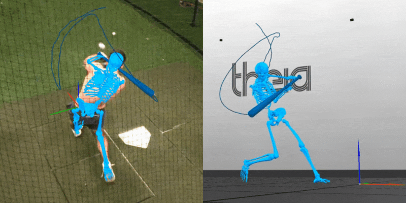 Swing capture feeding into Theia3D’s markerless reconstruction, showing synchronized bat-path and full-body kinematics in a unified workflow without sensors or bat hardware.