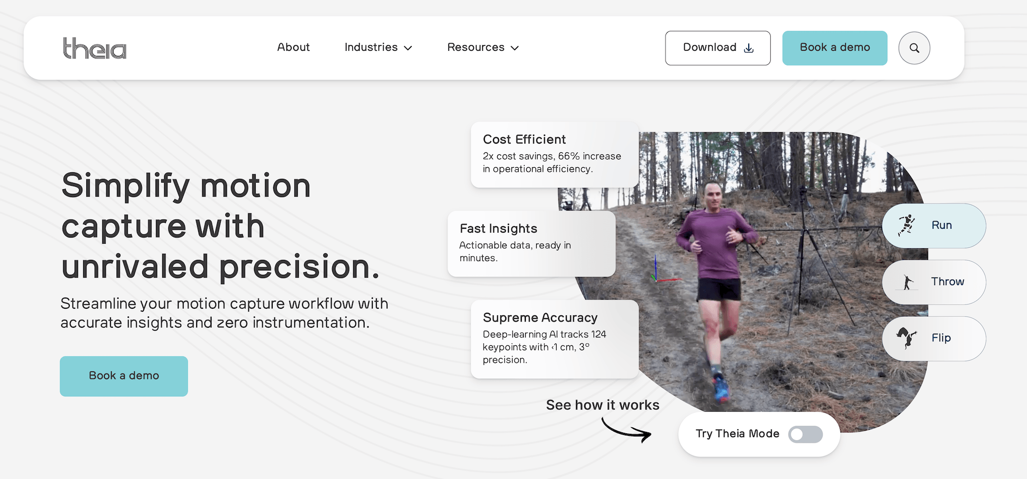 Theia homepage: Simplify motion capture with unrivaled precision.