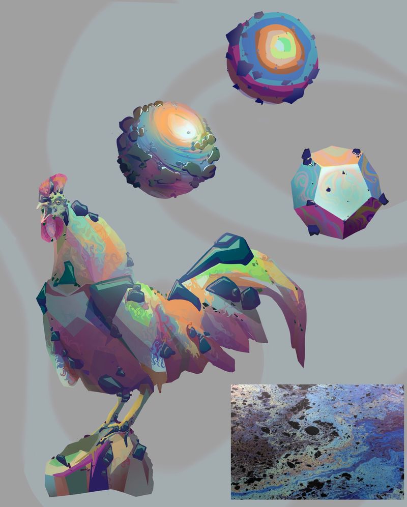 A series of four studies exploring the texture and color of an oil spill. First, a photorealistic rendering of a rainbow oil slick on water. Second, a more stylized and graphic interpretation of the same colors. Third, the iridescent color pattern is applied to a hard-edged polygonal shape. Fourth, the pattern is mapped onto a cartoon chicken, creating a bright and trippy effect.