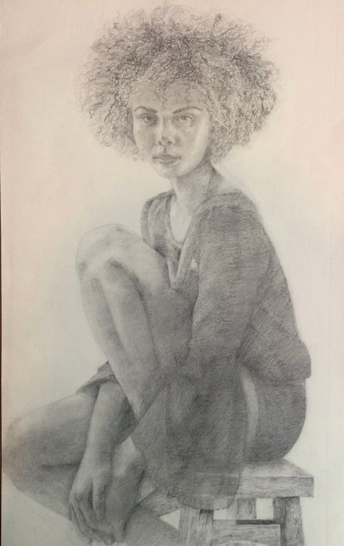 A full-body, realistic study of a woman seated on a stool. The drawing is defined by soft, controlled, and precise line work that focuses on capturing her form and posture as a classical figure study.
