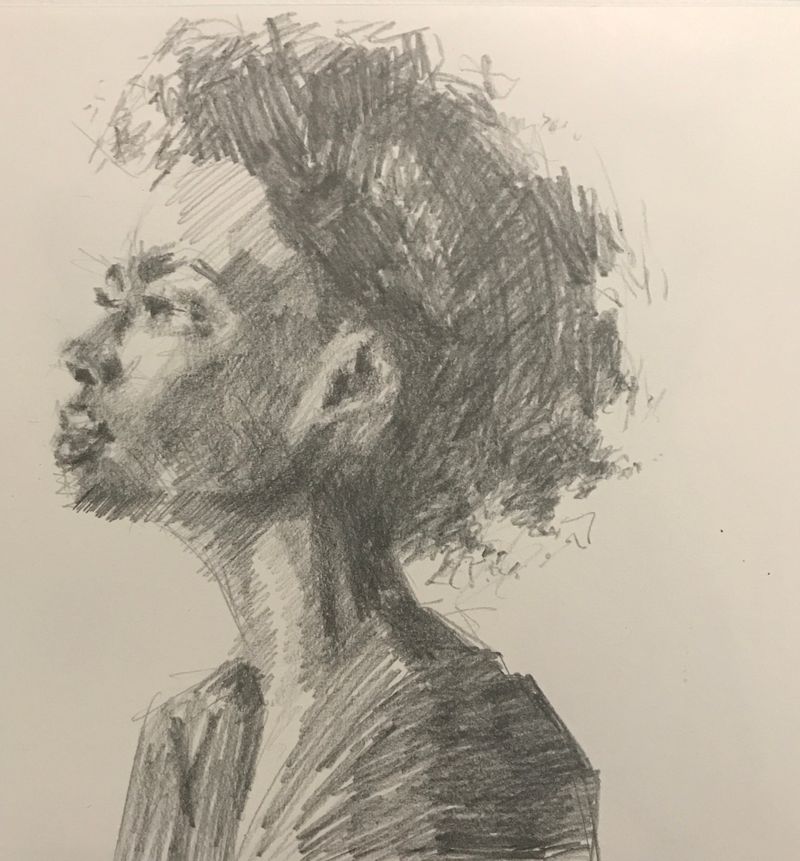 A traditional side-view study of a woman, drawn with a graphic pencil. The style is playful and powerful, using energetic, stylized scribbles to capture her form and movement with raw energy.