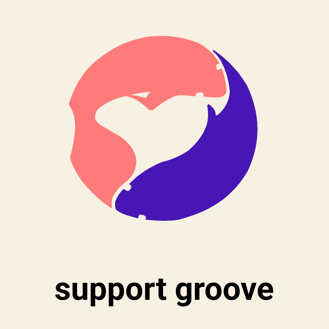 The final, polished Support Groove logo: two stylized fish, one with a full tail and one with a weaker tail, swimming together to form a heart shape.