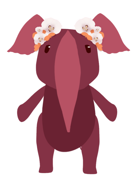 Mascot exploration: A darker, reddish mastodon with a very wide nose, longer legs, and flowers on its head.