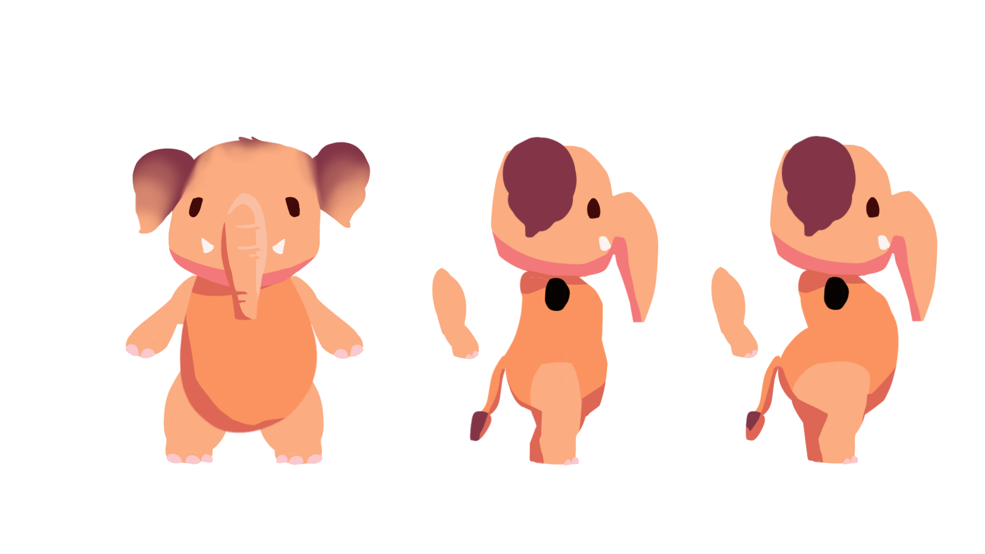 Two sketches of the evolving Mazzy mascot in orange with a small nose. One shows a side view with a lean belly, the other a curvier, rounder body.
