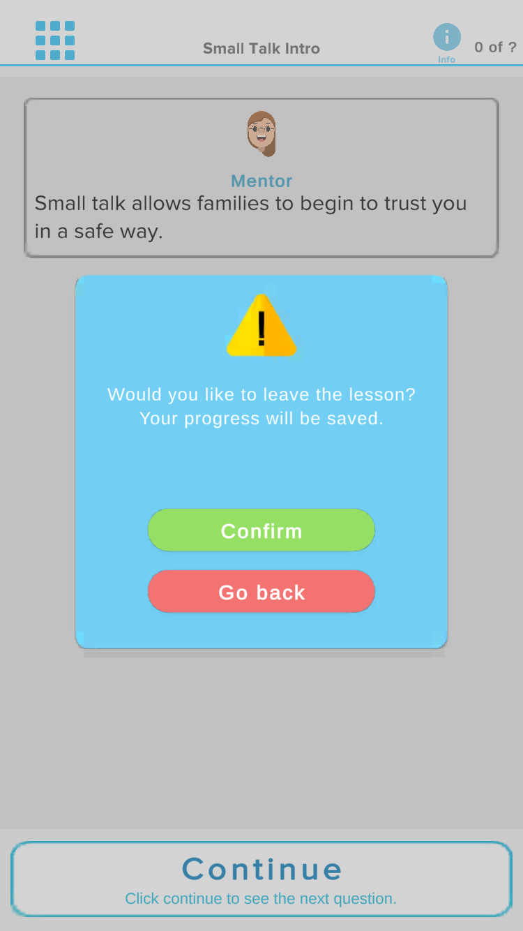 Original exit confirmation pop-up: Features low-contrast white text on a blue background. The "Continue" and "Go Back" buttons are green and red with similar lightness, causing a colorblind accessibility failure.