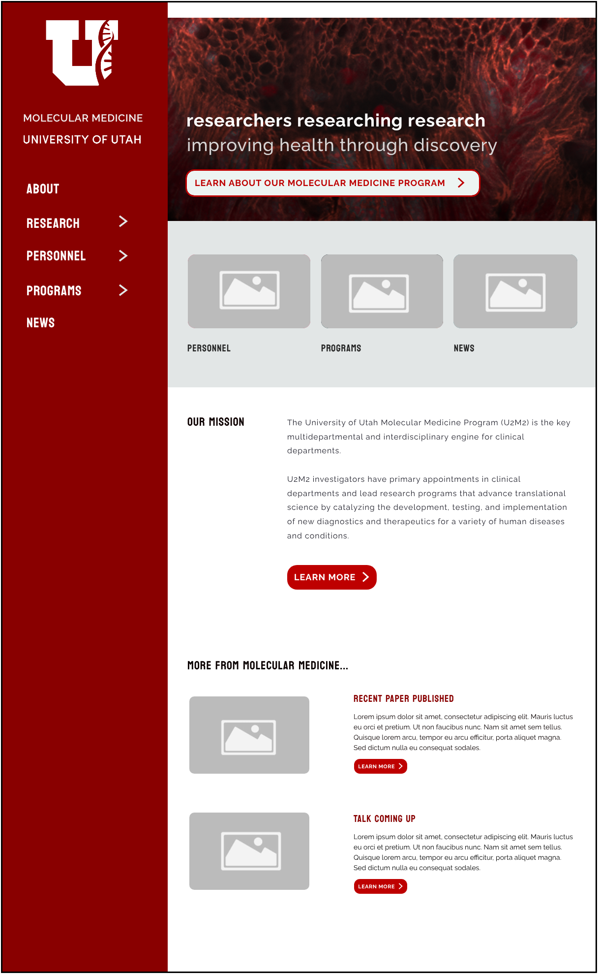 A refined homepage mockup incorporating the official UHealth brand colors, typography, and imagery, applying the finalized visual design to the structural layout.
