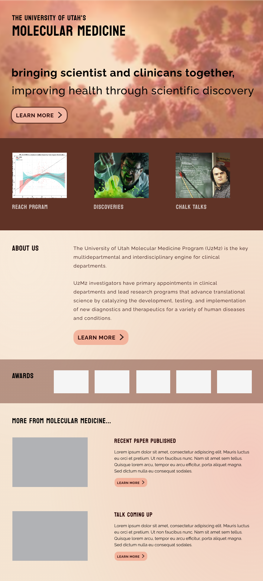 A first draft of the homepage using placeholder text and stock images to visualize the proposed layout and content structure with real-world spacing.