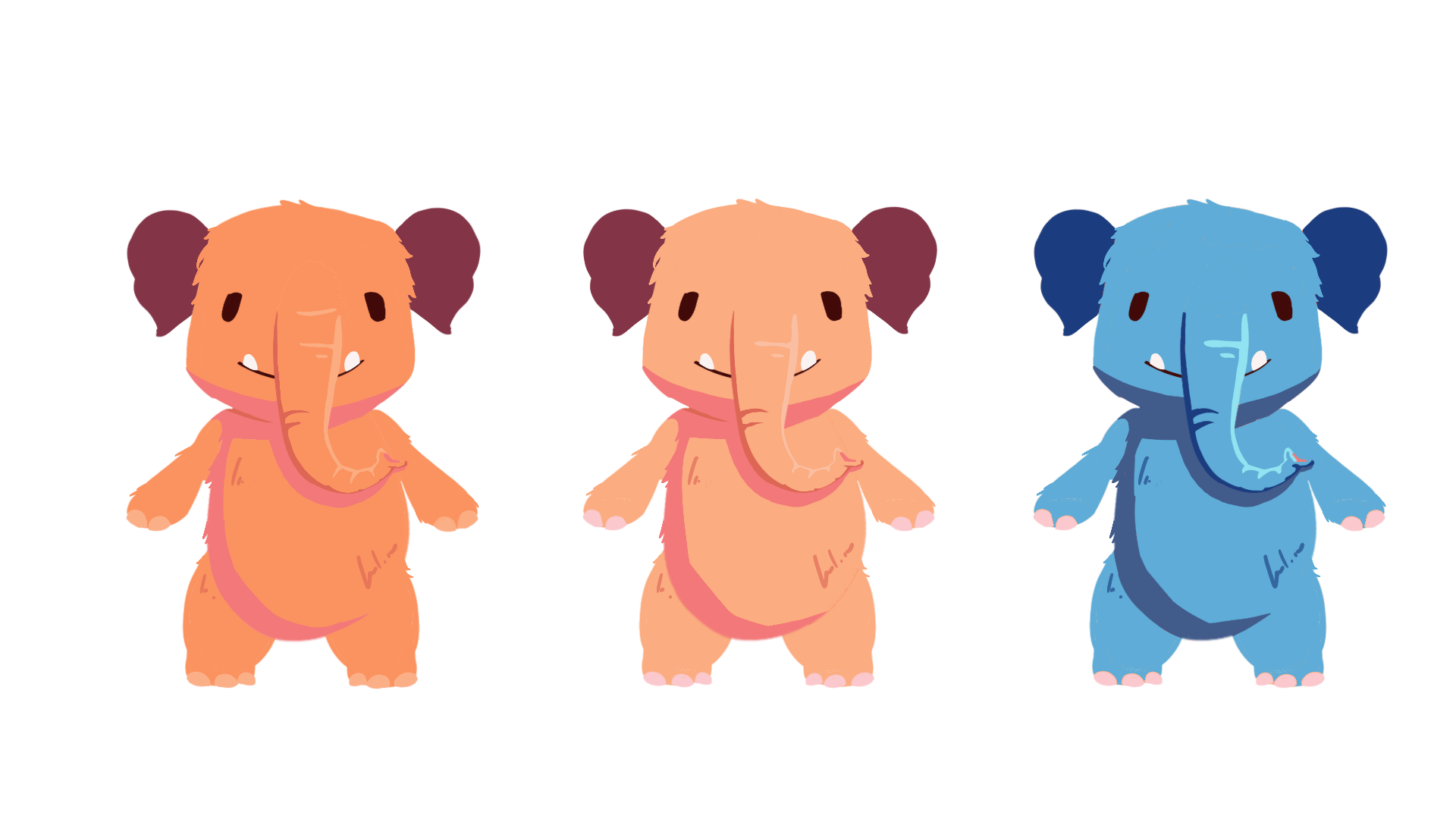 Final character exploration: A fluffy Mazzy with a long nose/trunk, shown in three color variations: medium orange, light orange, and an experimental medium blue.