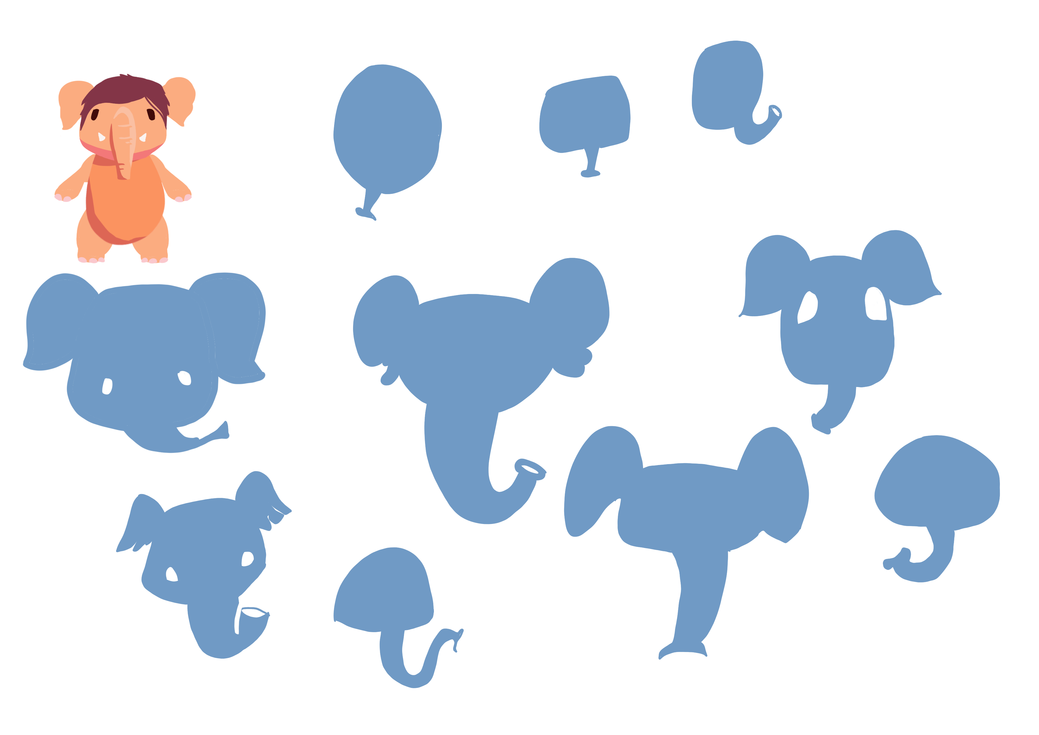 A sheet of sketches exploring different head silhouettes and nose-to-head shape ratios for the mastodon mascot.