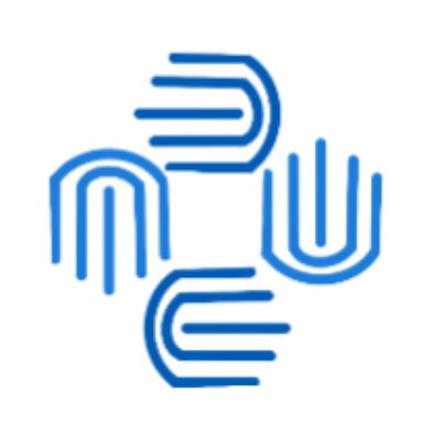 Proposed master suite logo: A hexagon shape containing a more recognizable abstract of four hands in dark and medium blue. This establishes the hexagon and blue/white color scheme as the suite's foundation.