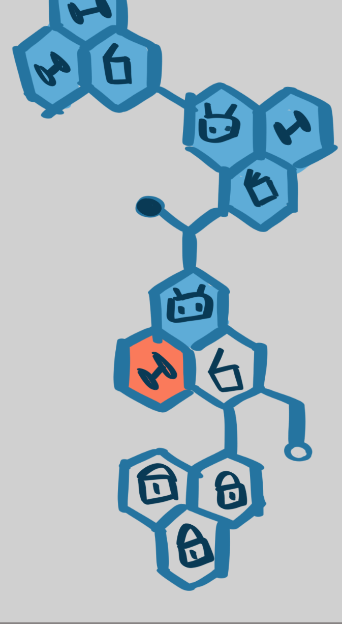 A story quest navigation map using a low-context design strategy. It features small, numerous hexagons grouped into clear clusters, providing a detailed, structured overview of many paths at once.