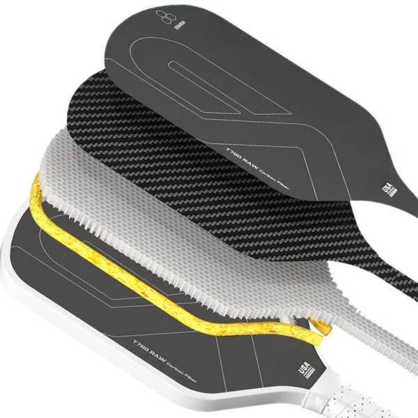 Exploded pickleball paddle structure showing face layers and core construction