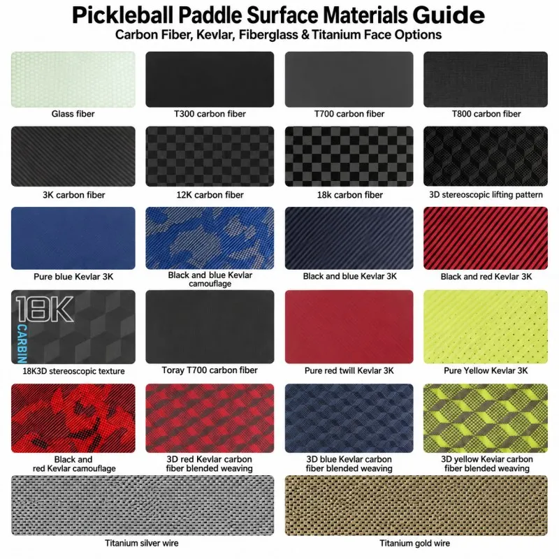 Pickleball paddle surface material guide showing T700 T300 3K 12K 18K carbon and Kevlar samples