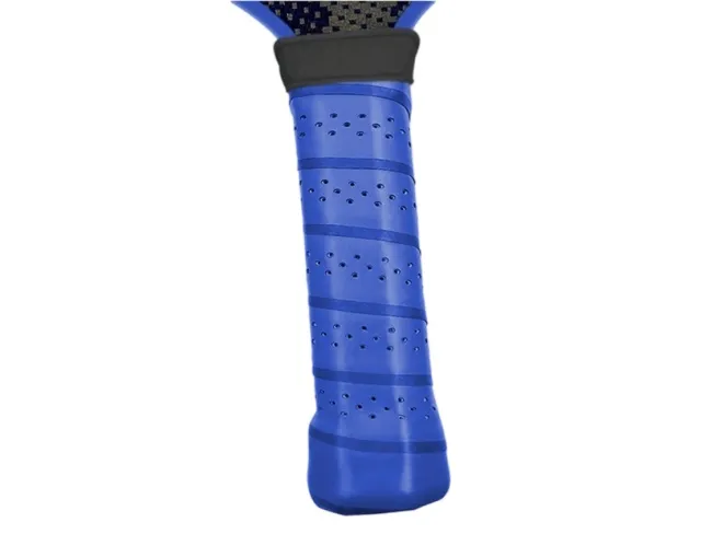 Close-up of a blue pickleball paddle handle and finished grip wrap