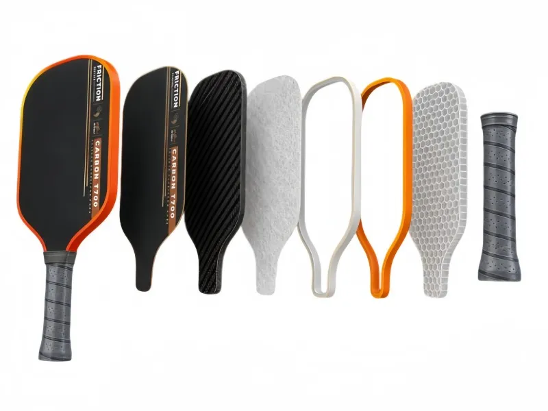 Exploded pickleball paddle structure showing the face layers, core and handle connection