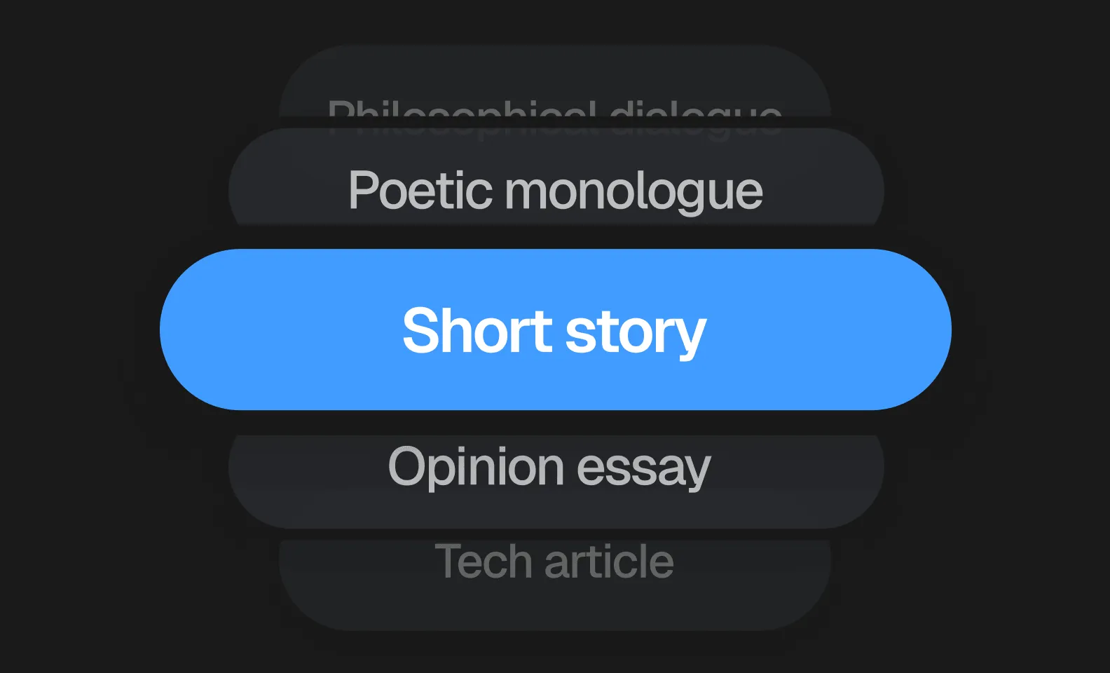AI writing assistant showing content format options like short story and essay