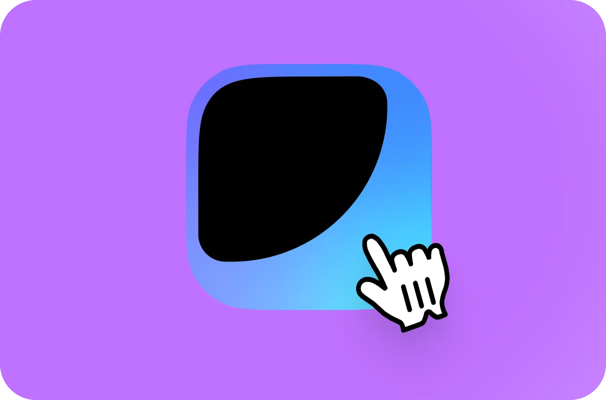 White cursor hand clicking on a blue square with a rounded black shape inside on a purple background.
