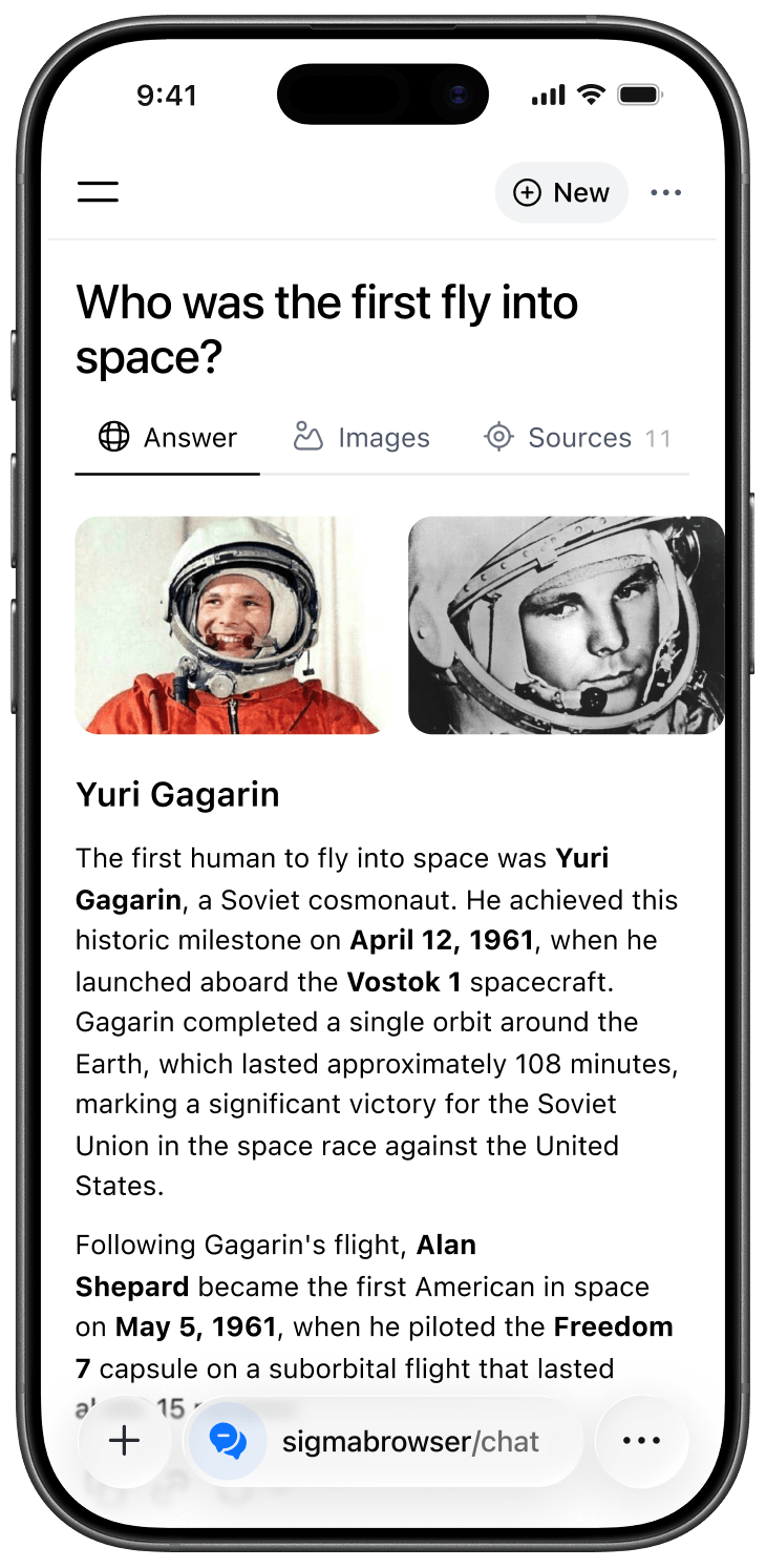 Smartphone screen displaying a Sigma browser mobile version with 68 tabs open, showing favorite apps including YouTube, Atomic Mail, Dropbox, Yahoo!, X, Genius, Reddit, and Medium, with a Google search bar and navigation options for Home and AI chat.