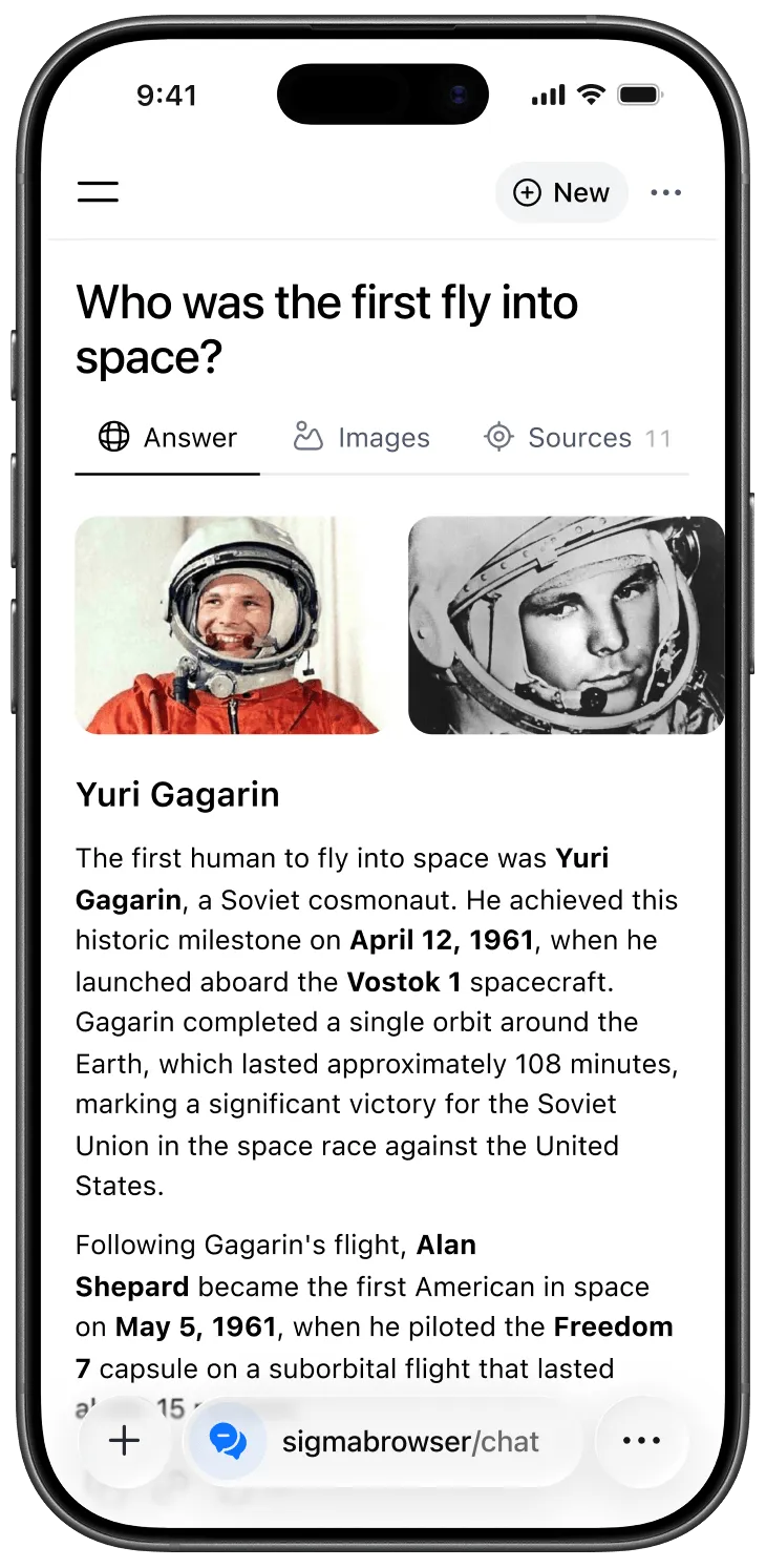 Smartphone screen displaying a Sigma browser mobile version with 68 tabs open, showing favorite apps including YouTube, Atomic Mail, Dropbox, Yahoo!, X, Genius, Reddit, and Medium, with a Google search bar and navigation options for Home and AI chat.