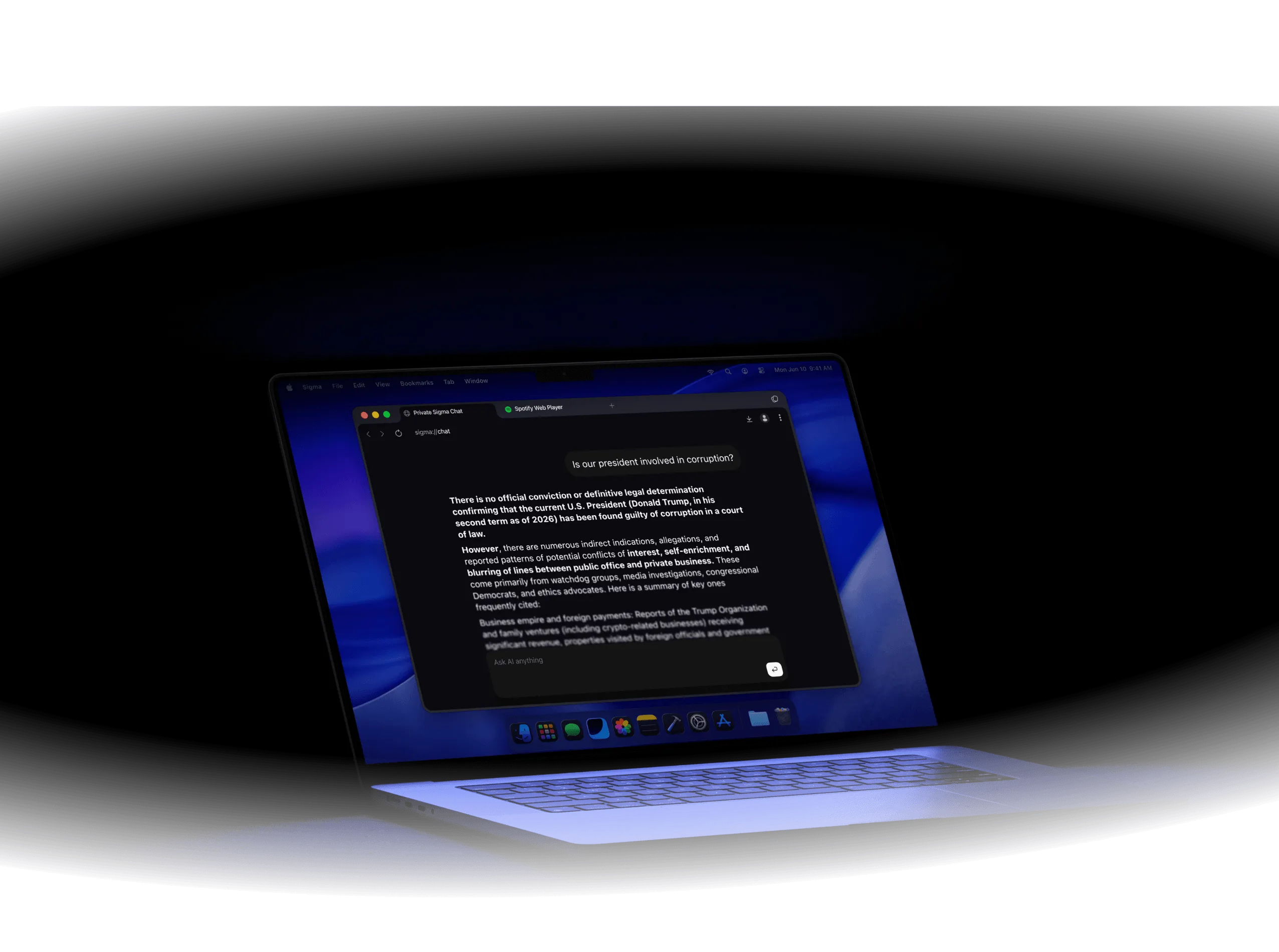 Laptop screen displaying a chat about the U.S. president and corruption, with a dark blue background.