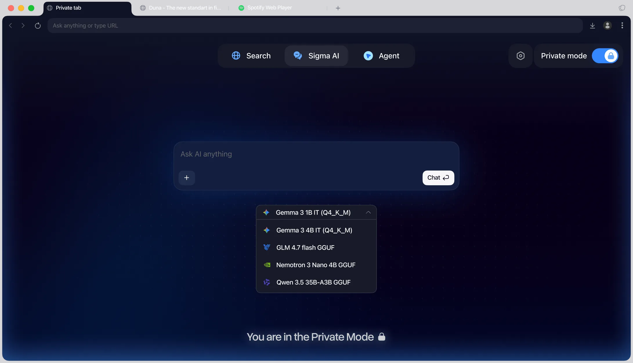 Browser in private mode with AI chat box and model options like Gemma, GLM, Nemetron, and Qwen.