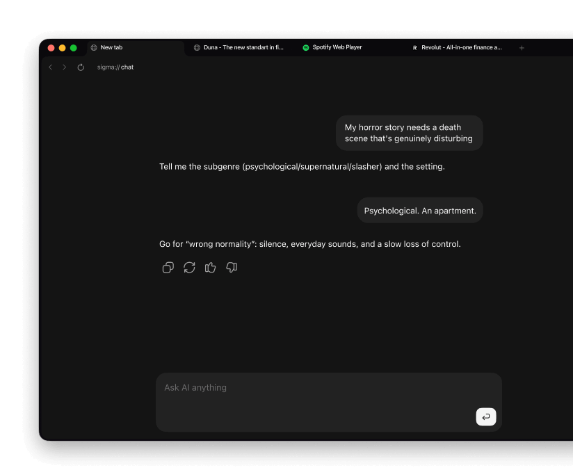 Chat interface shows a user requesting a disturbing death scene and AI suggests a psychological apartment setting.