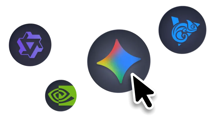 Cursor pointing at colorful diamond icon surrounded by three other gaming platform icons on dark background.