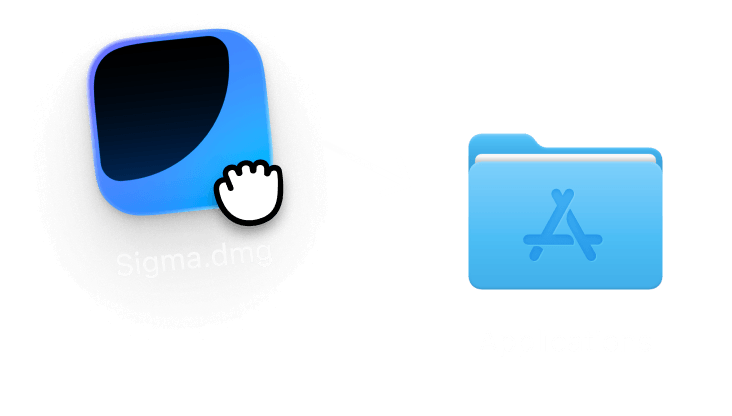 Dragging Sigma.dmg file icon toward Mac Applications folder icon with a white arrow.