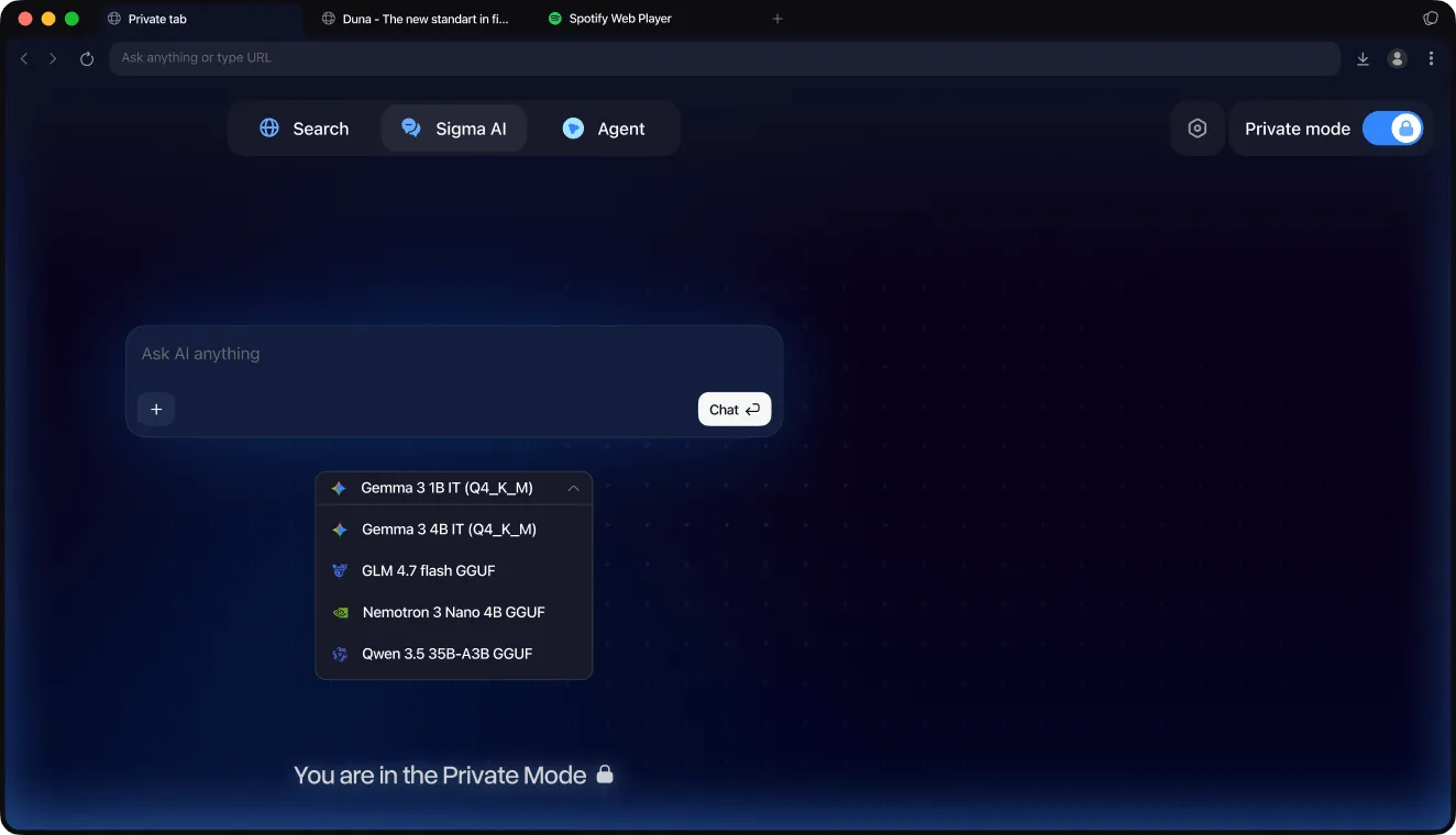 Dark mode browser window showing AI chat interface with model options and private mode on.