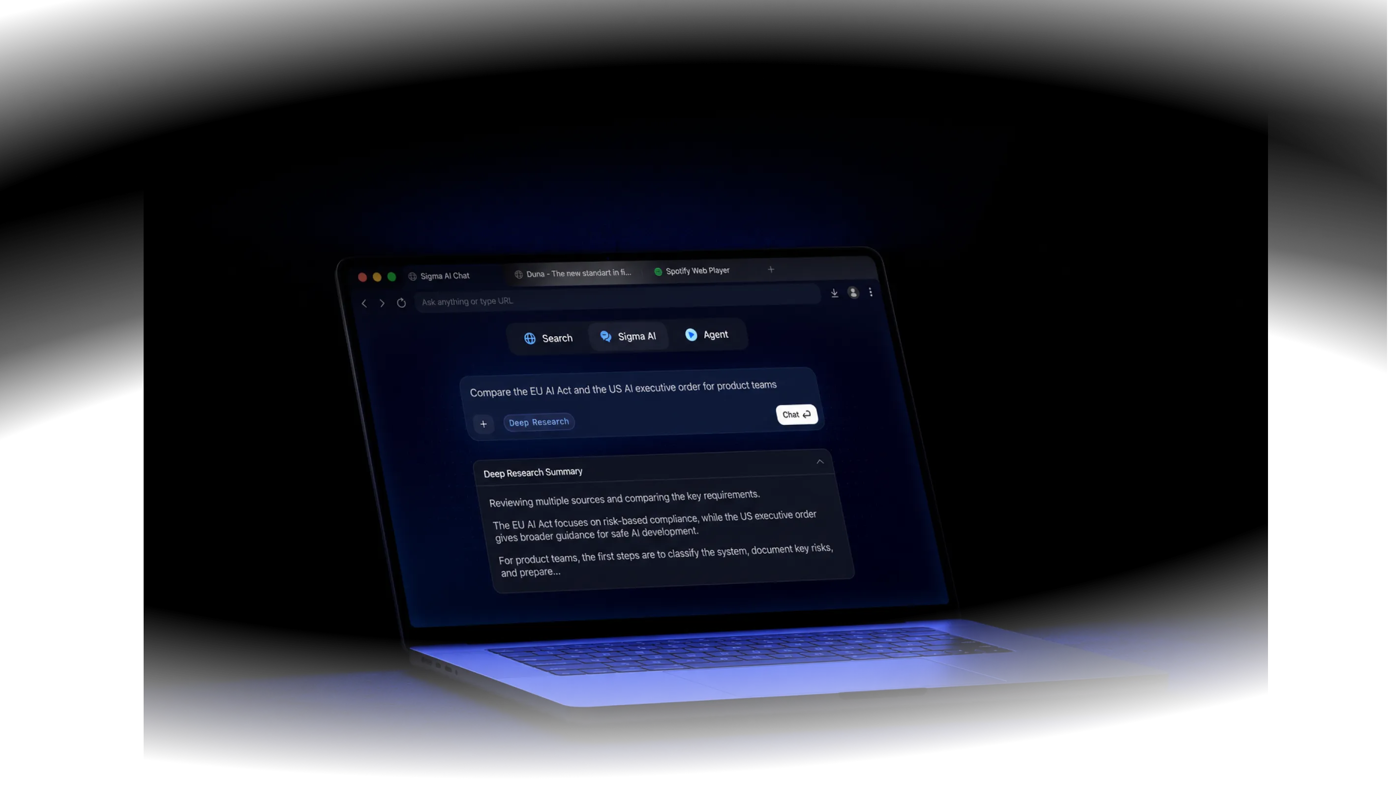 Laptop screen displaying a chat about the U.S. president and corruption, with a dark blue background.