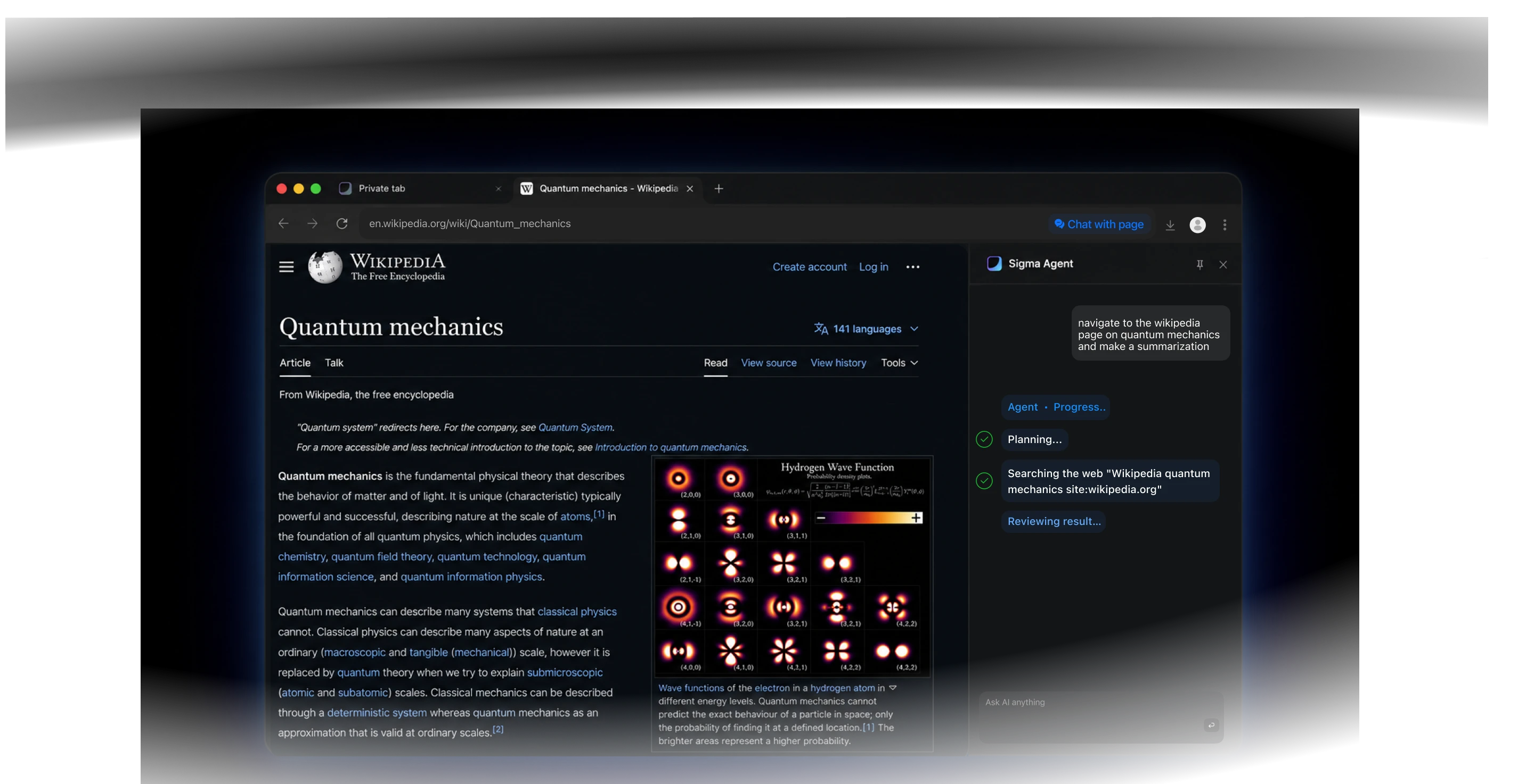 Sigma AI Agent summarizing a Wikipedia page