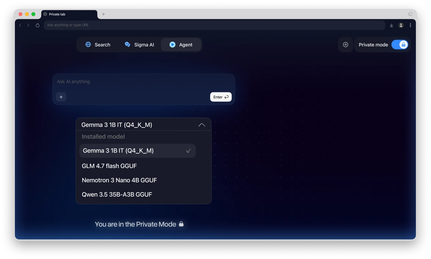 Dark mode browser window showing AI chat interface with model options and private mode on.