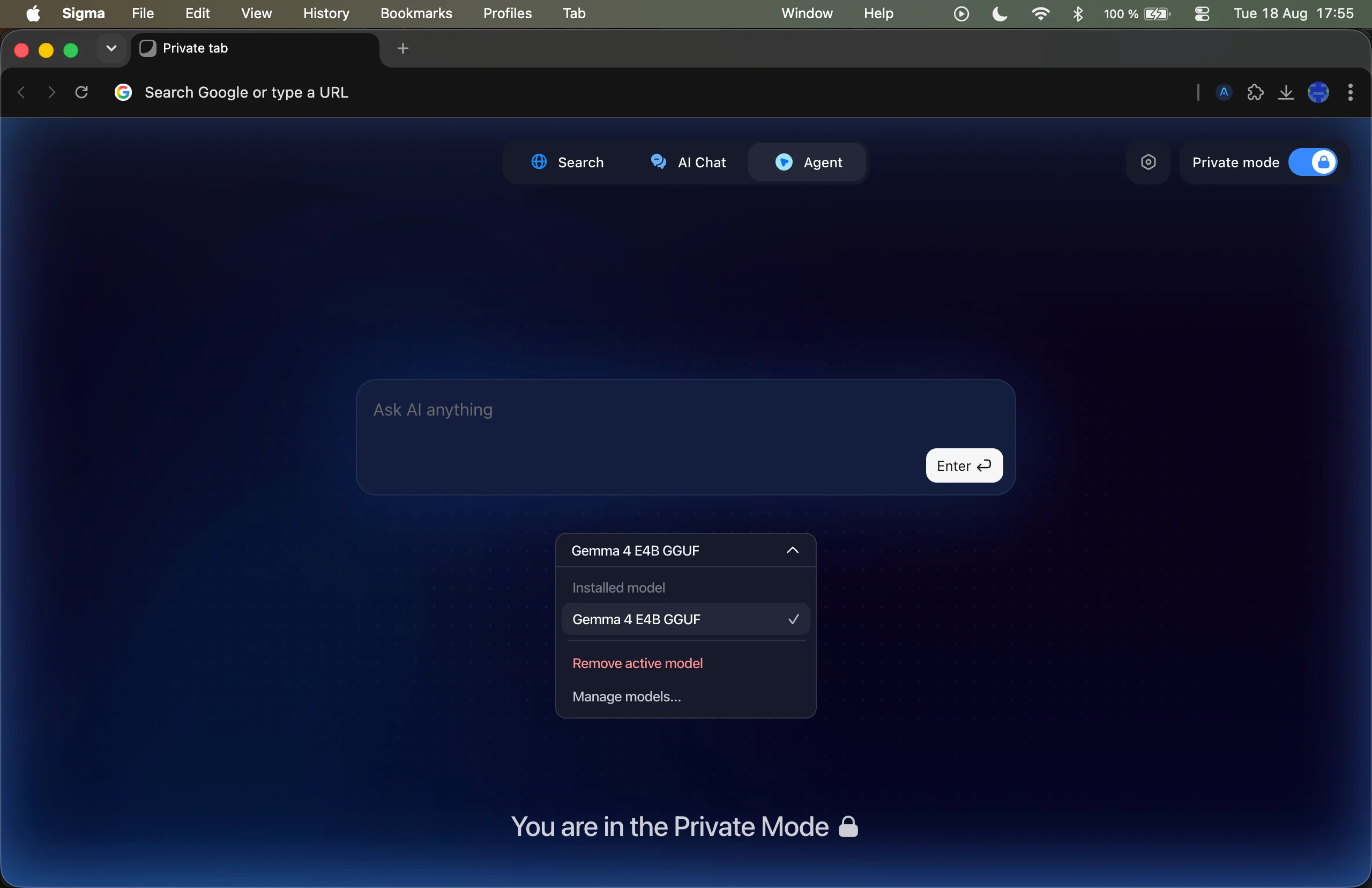 Local AI models on-device in Sigma Browser