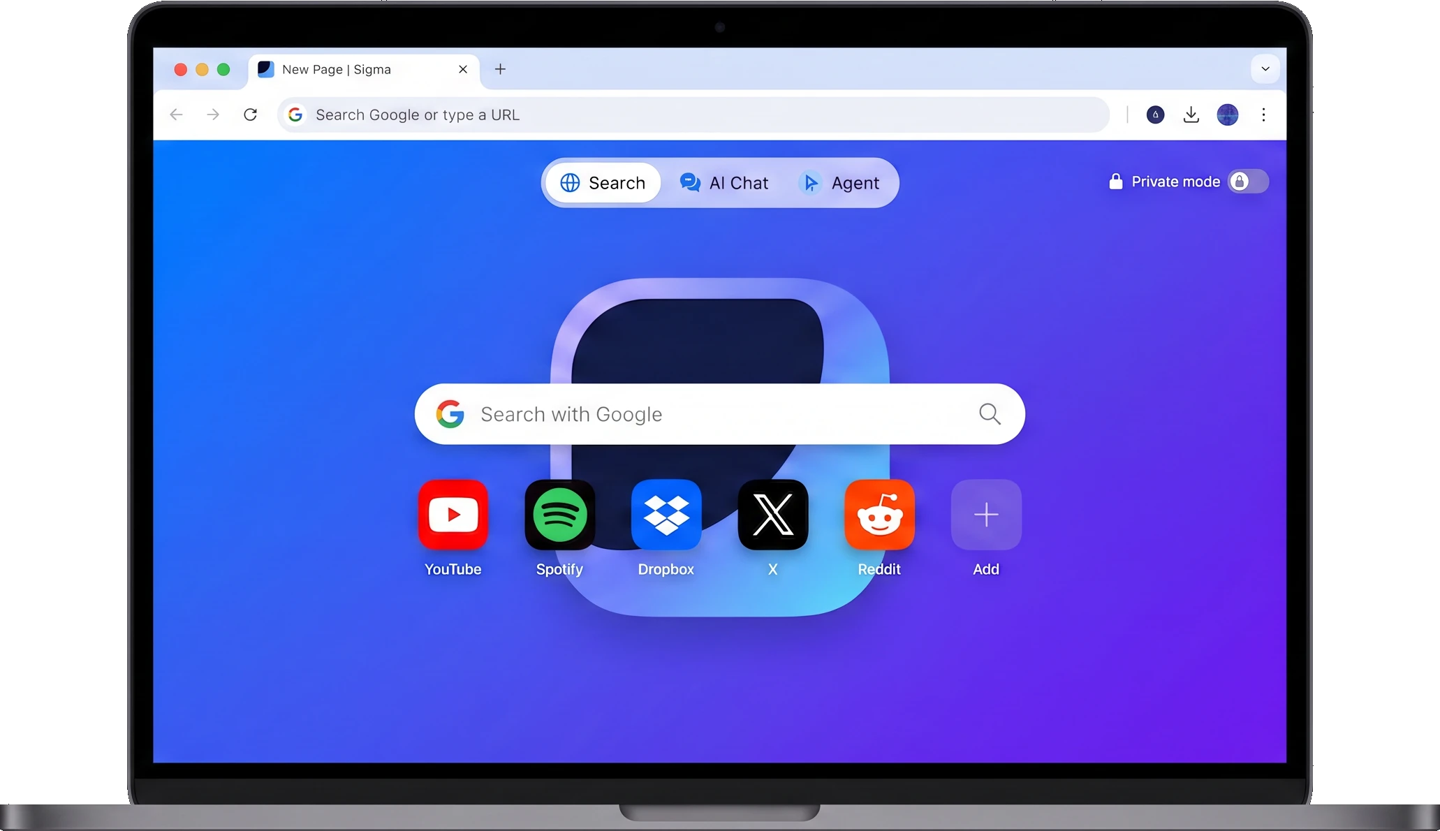 Sigma web browser for Mac on a MacBook