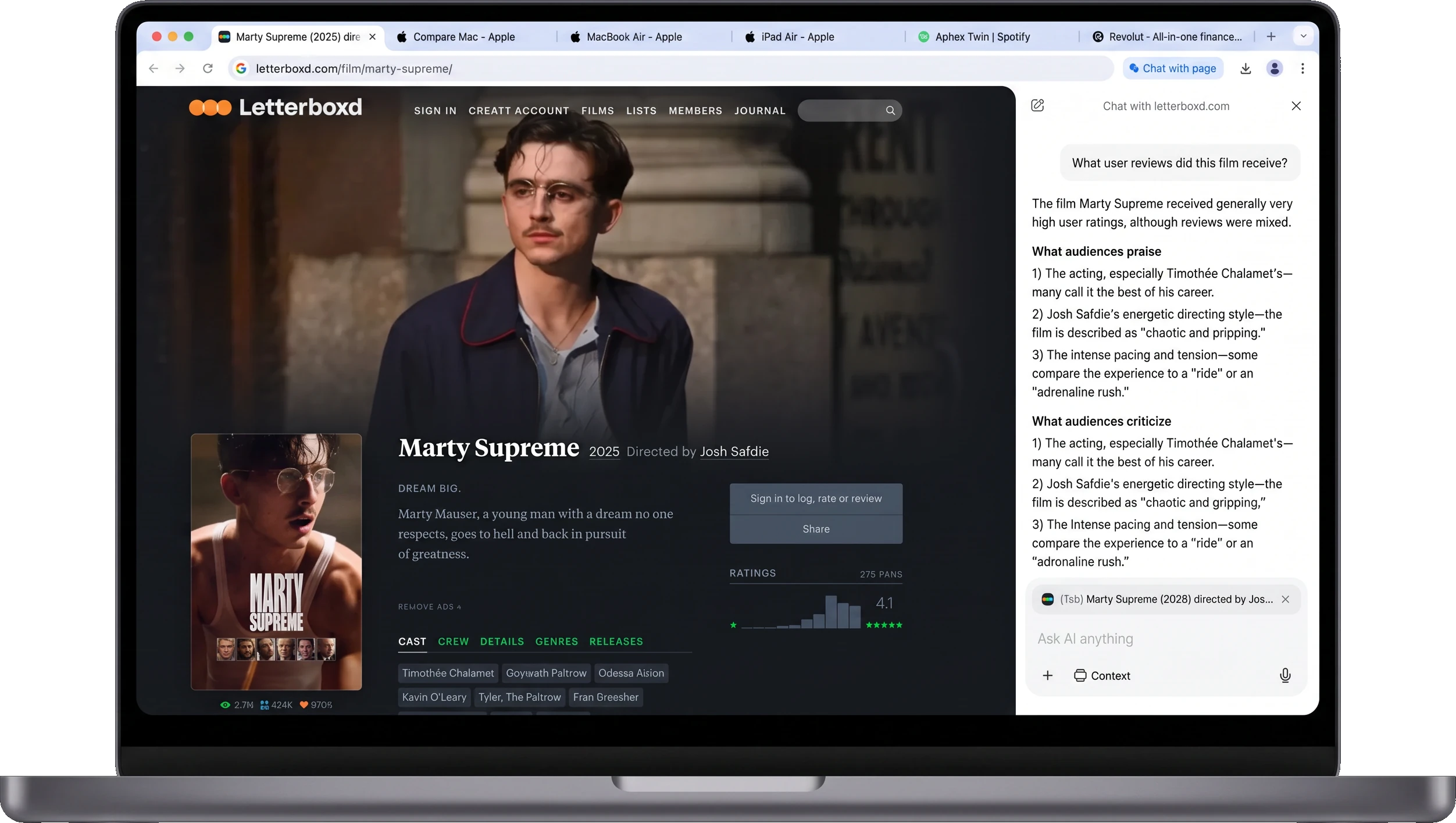 Sigma web browser for Mac with Chat with Page open on a MacBook