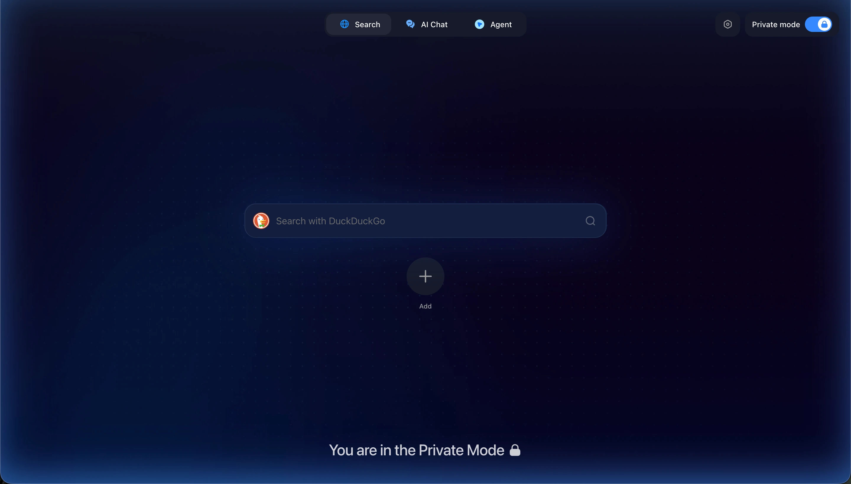 Private mode start page with DuckDuckGo search in Sigma browser