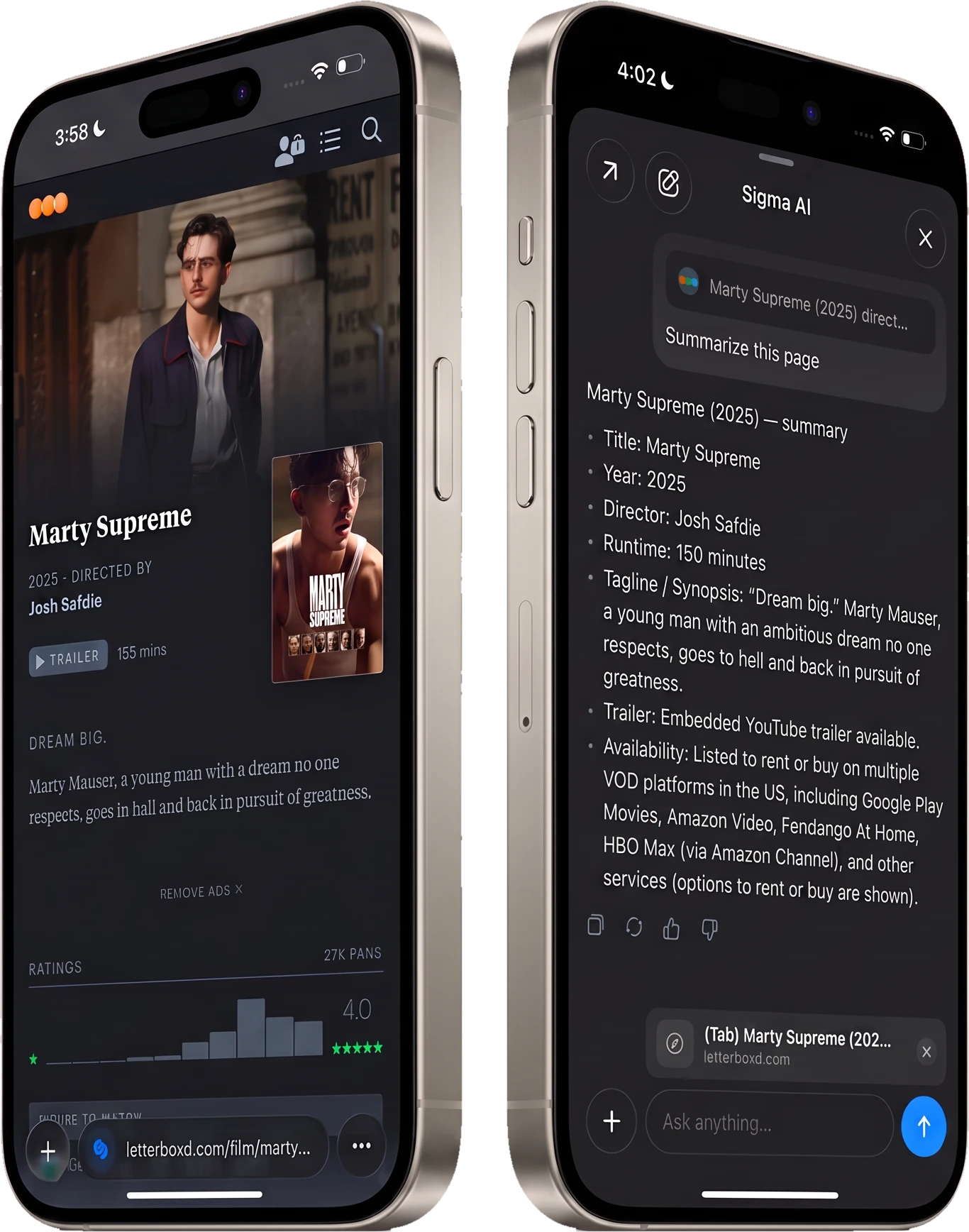 Sigma browser on two iPhones: a movie page and its Sigma AI summary