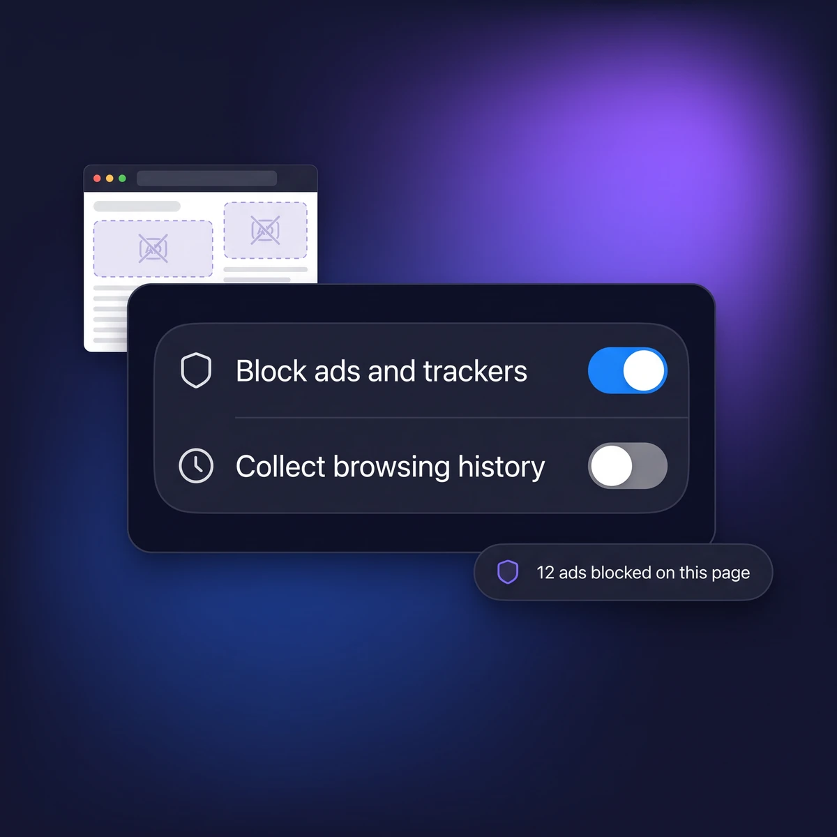 Sigma ad blocker toggles: block ads and trackers on, browsing history collection off