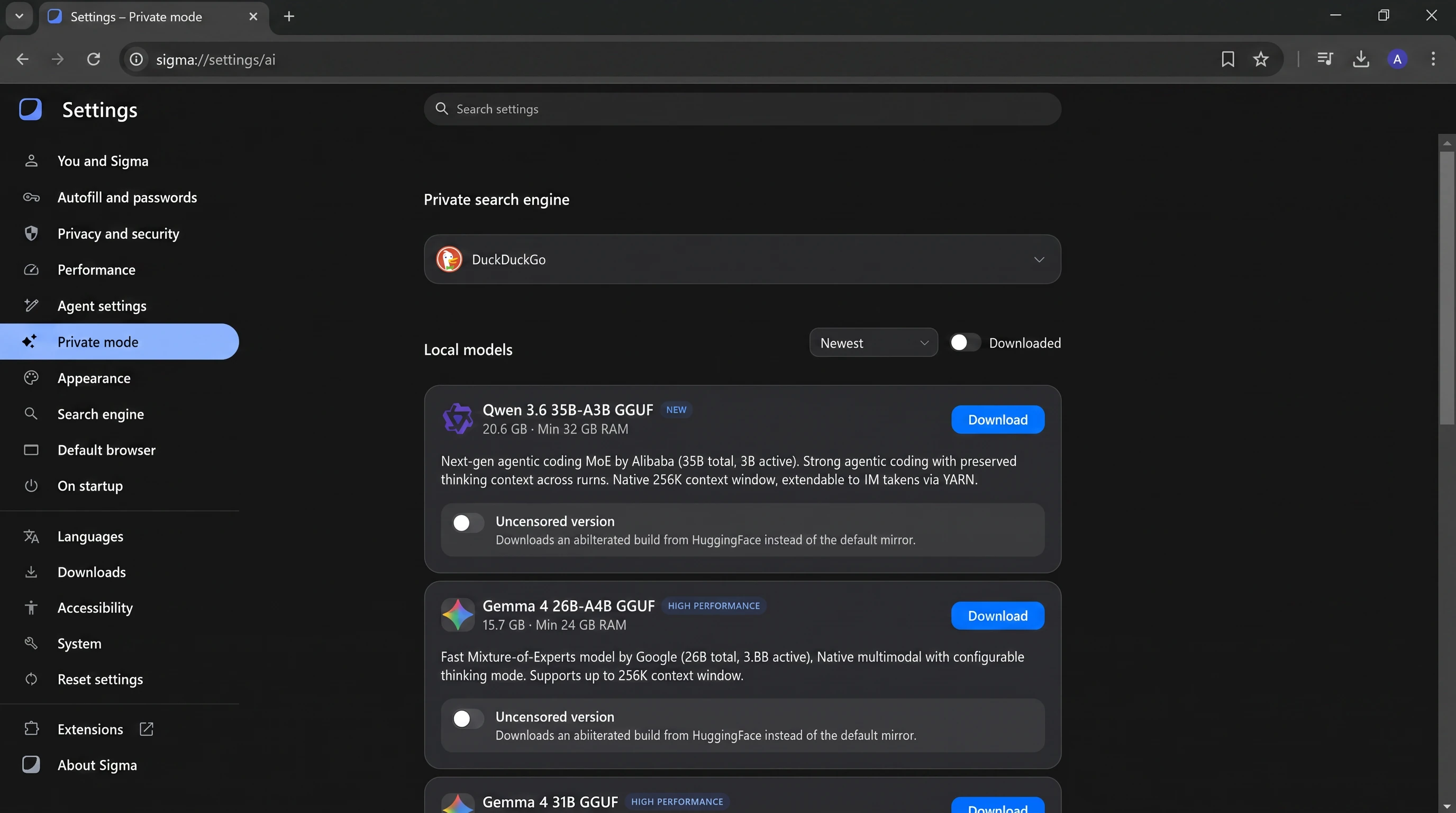 Local AI models in Sigma browser for Windows
