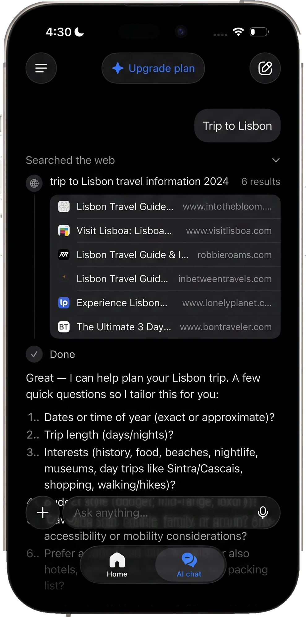 AI chat in Sigma on iPhone planning a trip with web search results