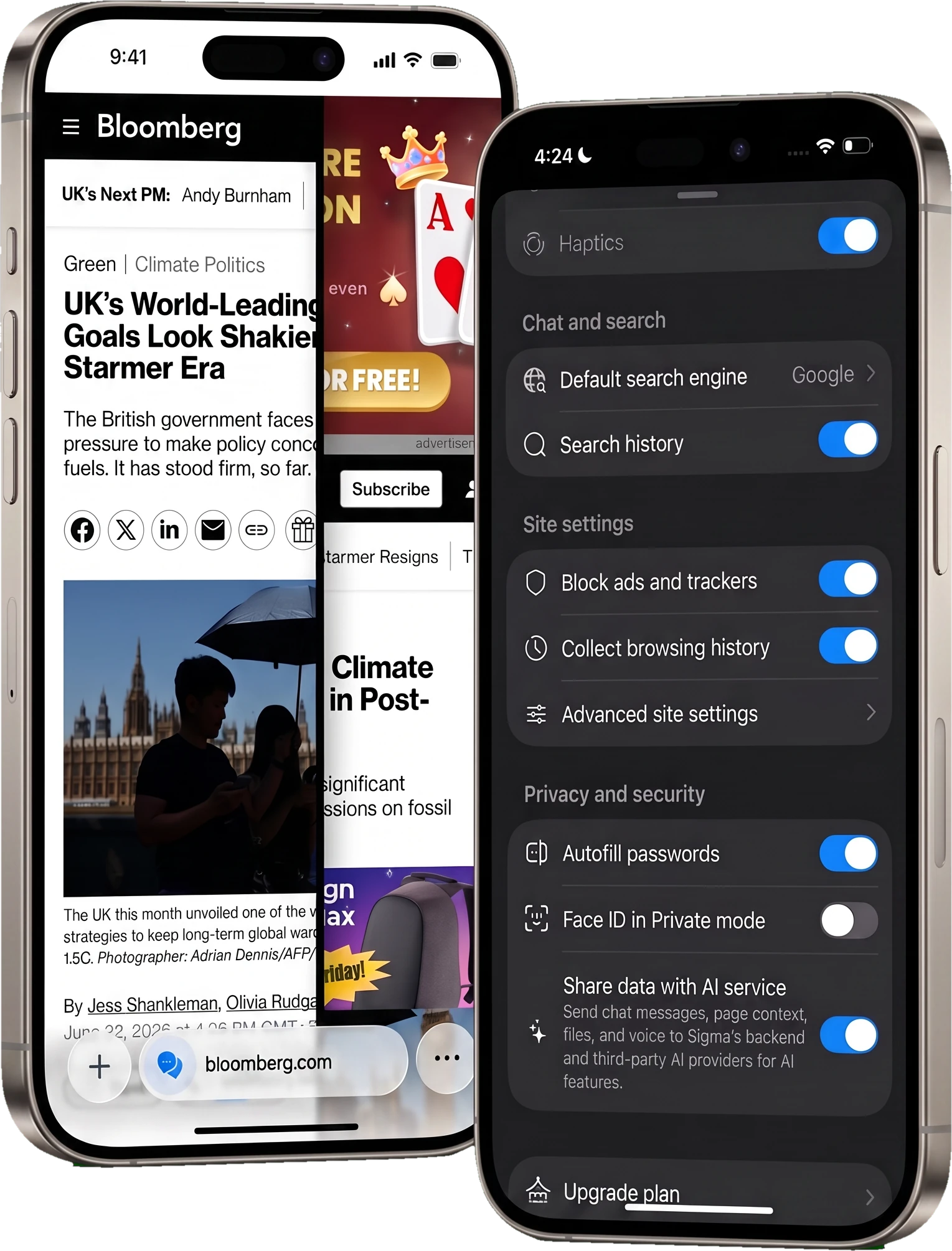 Sigma ad blocker on iPhone: page with ads versus clean page and blocking settings