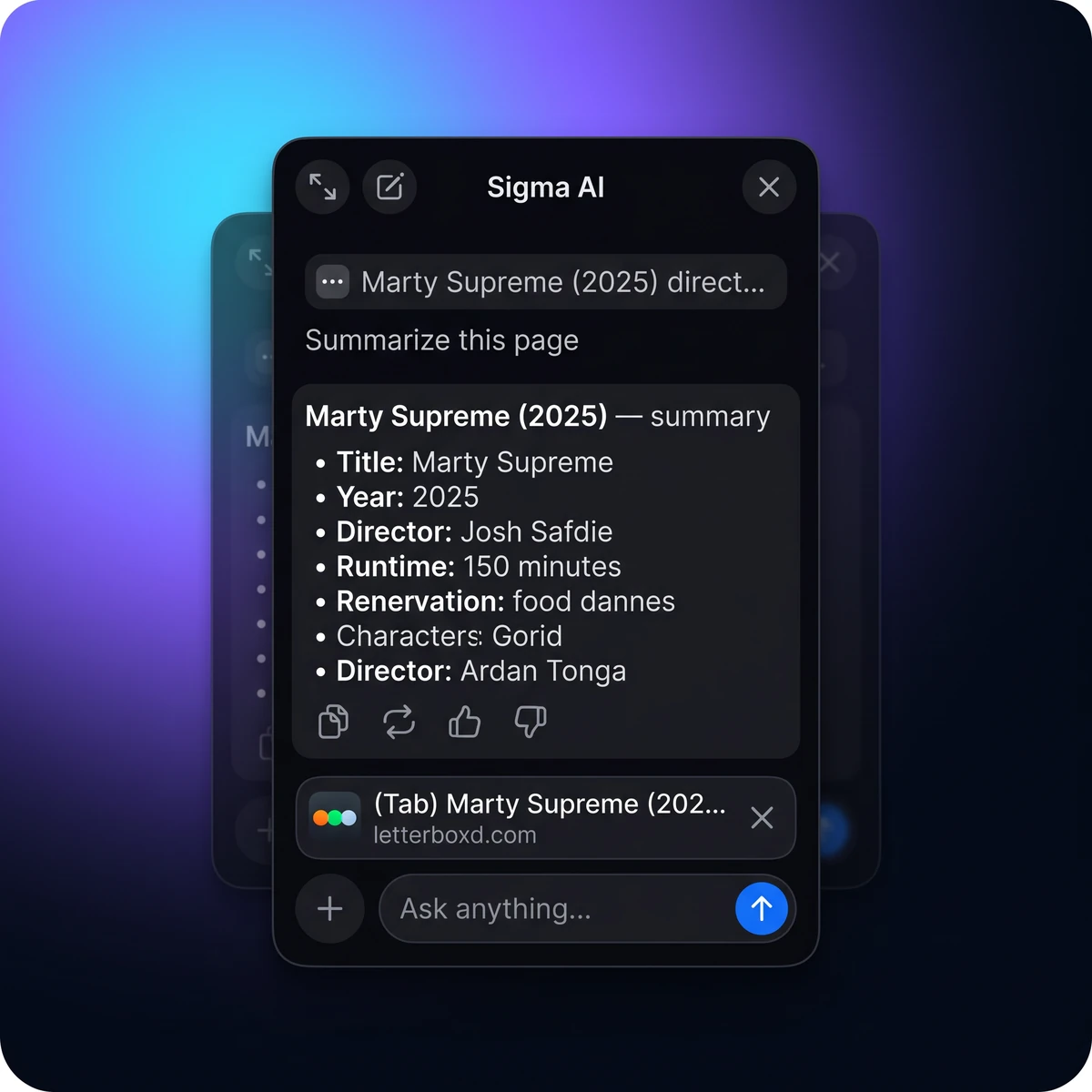 Sigma AI popup summarizing a movie page in the browser