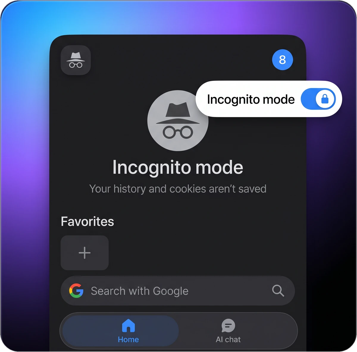 Incognito mode start page with toggle in Sigma browser