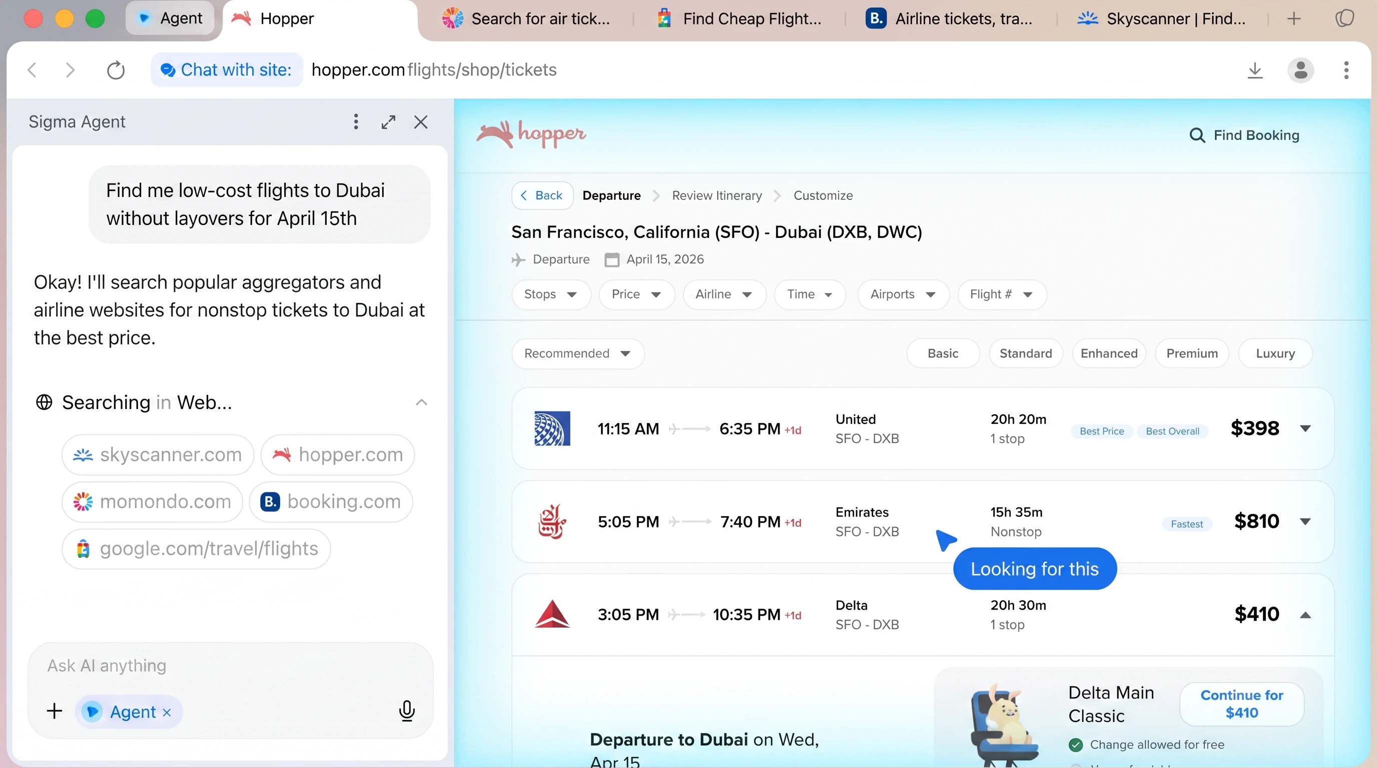 Sigma AI Agent finding nonstop flights from San Francisco to Dubai for April 15 on Hopper