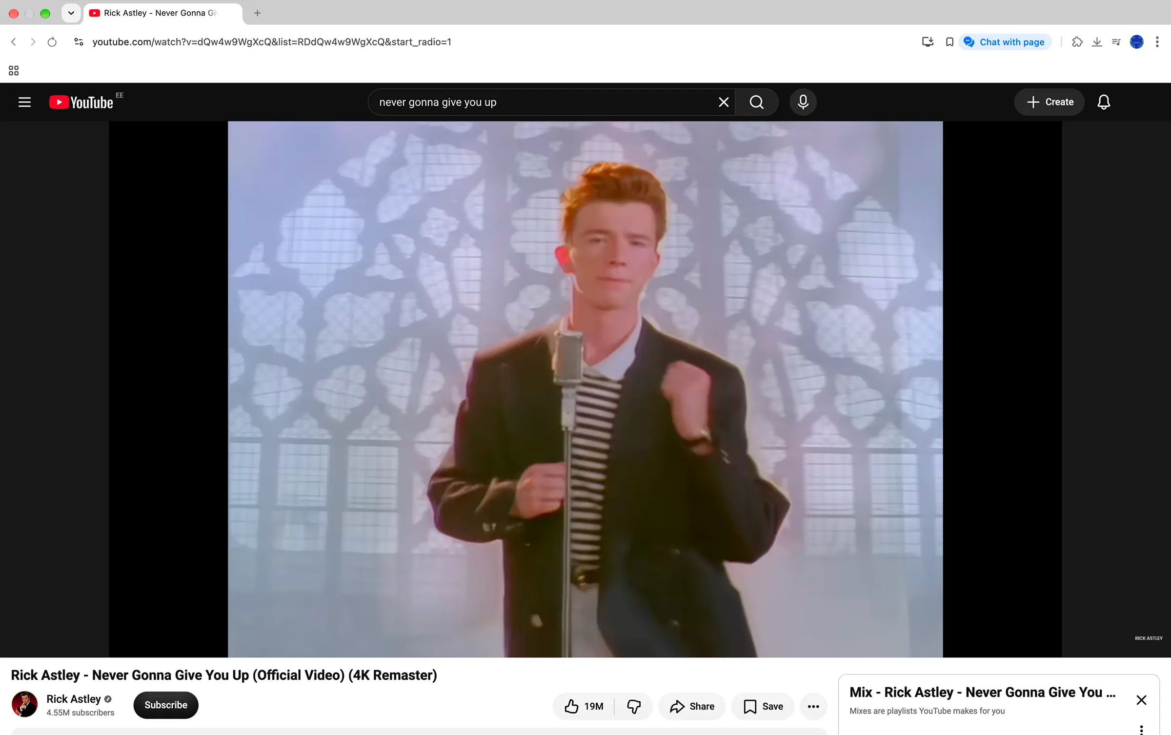 Rick Astley video playing on YouTube in Sigma with no ad before it