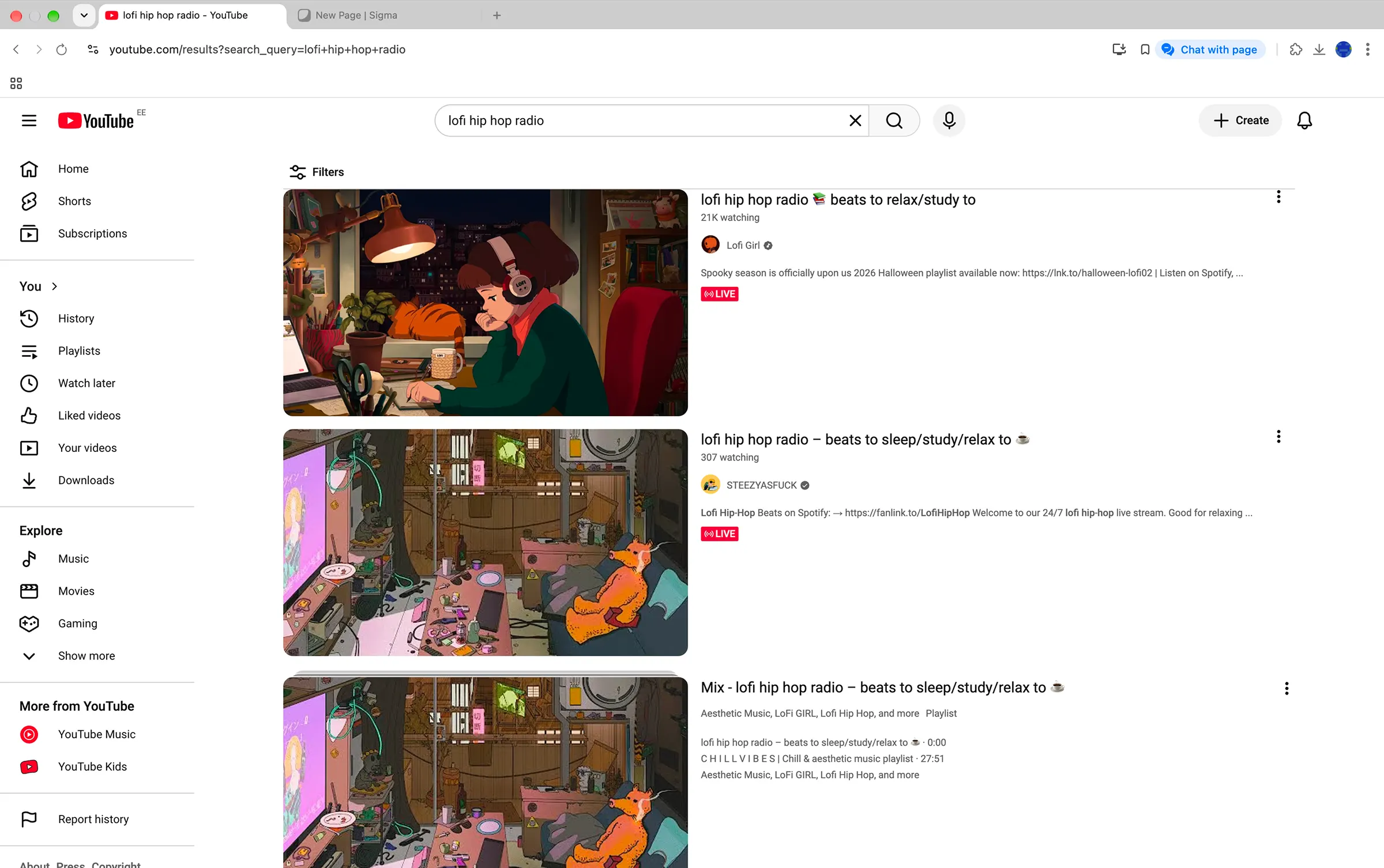 YouTube search results for lofi hip hop radio in Sigma with no sponsored videos