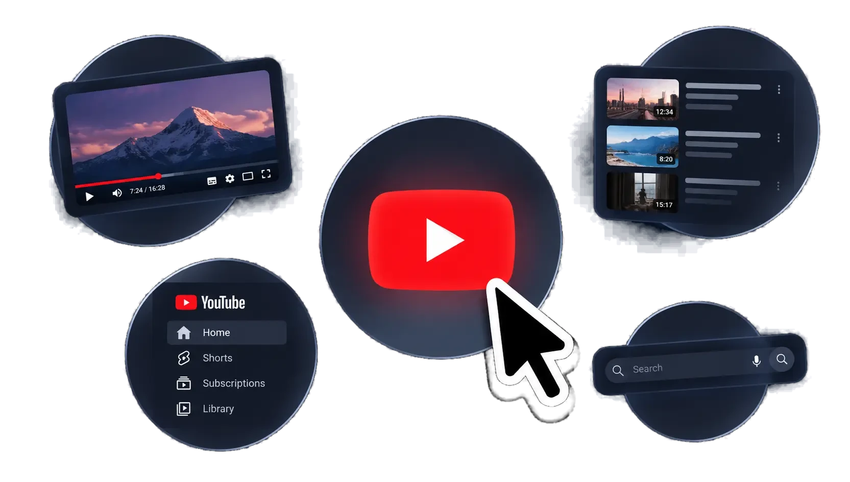 Cursor clicking a YouTube play button among player, menu and search elements