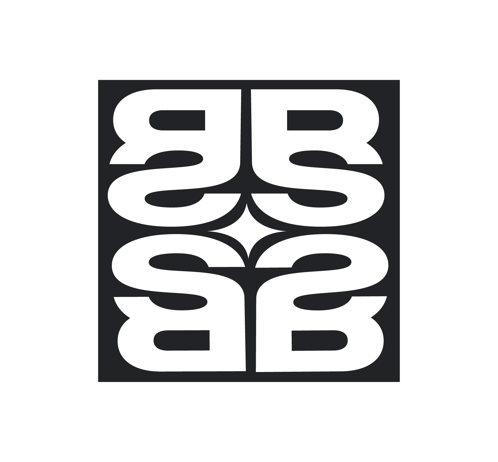 Symmetrical stylized black and white design with mirrored and repeated letters forming a square pattern.