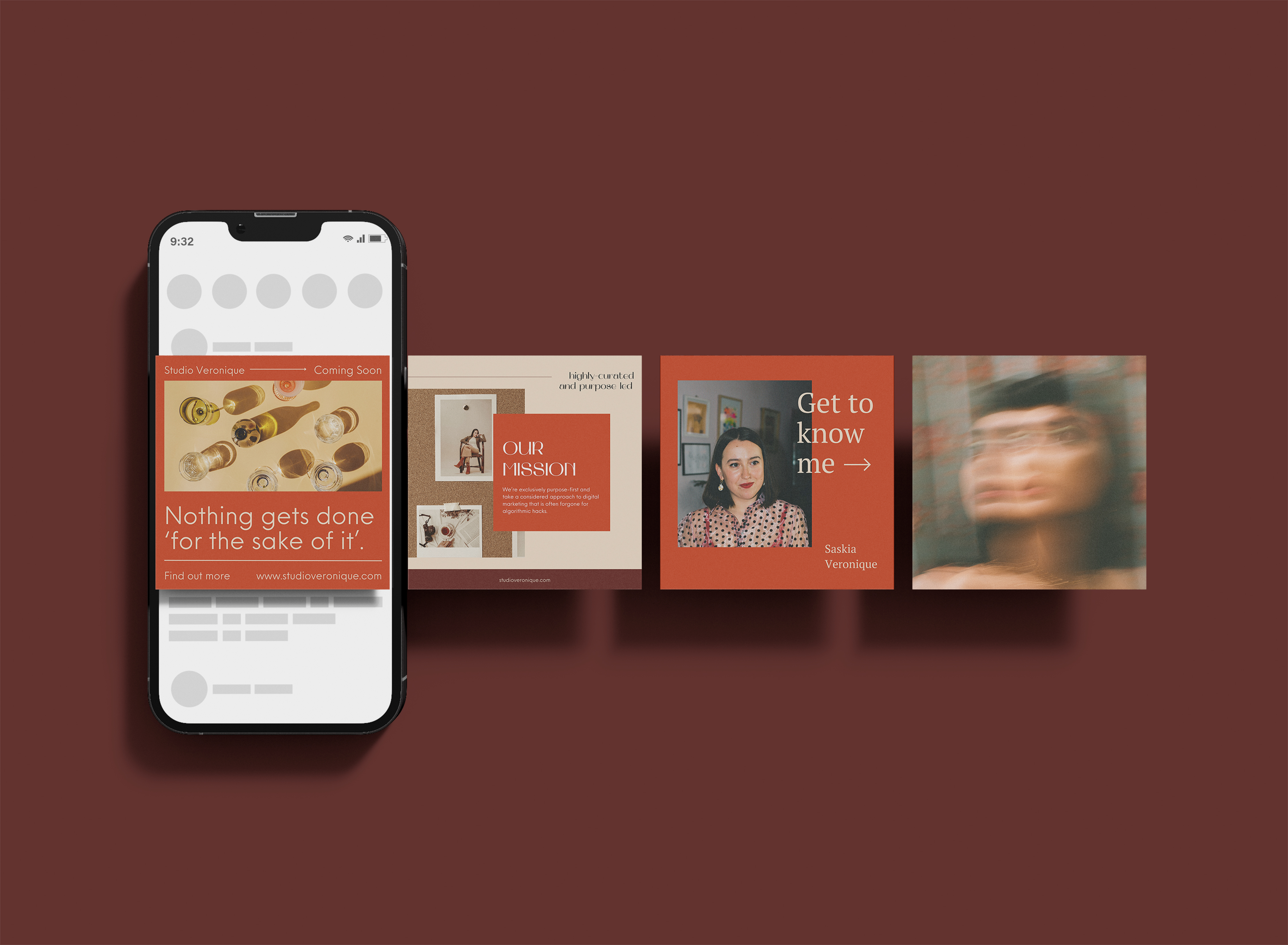 Mobile phone displaying social media post with image of viewed glasses and text 'Nothing gets done for the sake of it' alongside three social media content cards about Studio Veronique's mission and Saskia Veronique.
