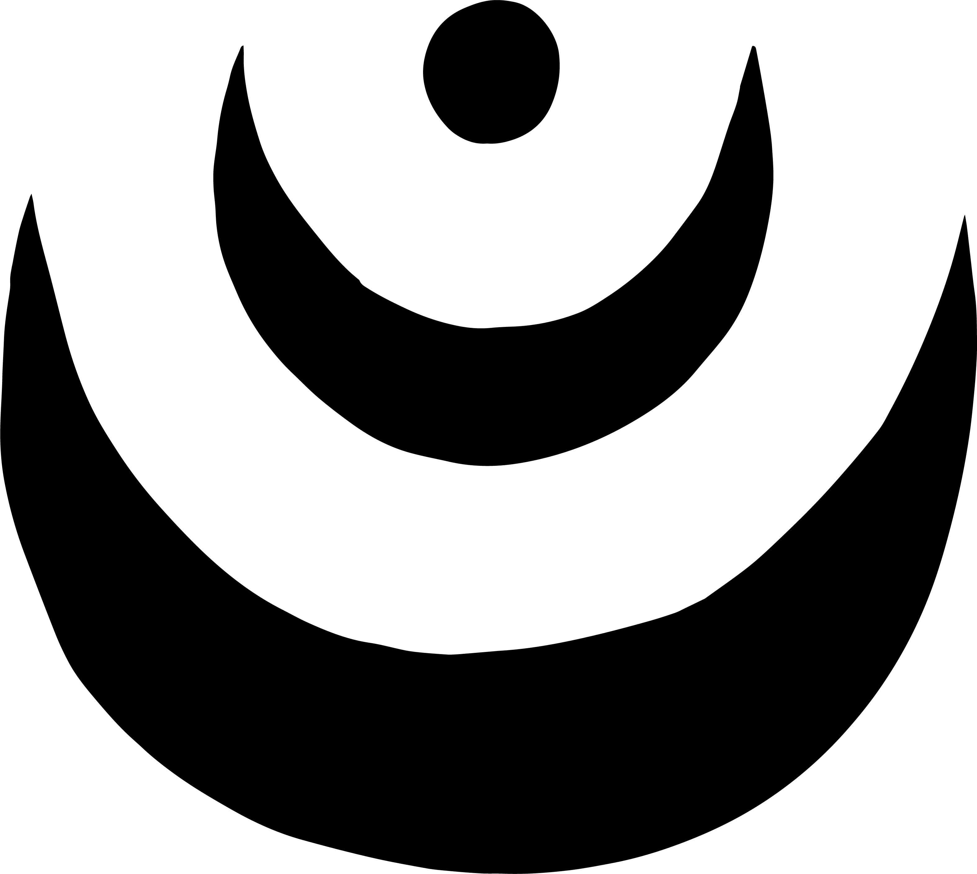 Black abstract symbol with three curved crescent shapes and a circle above them.
